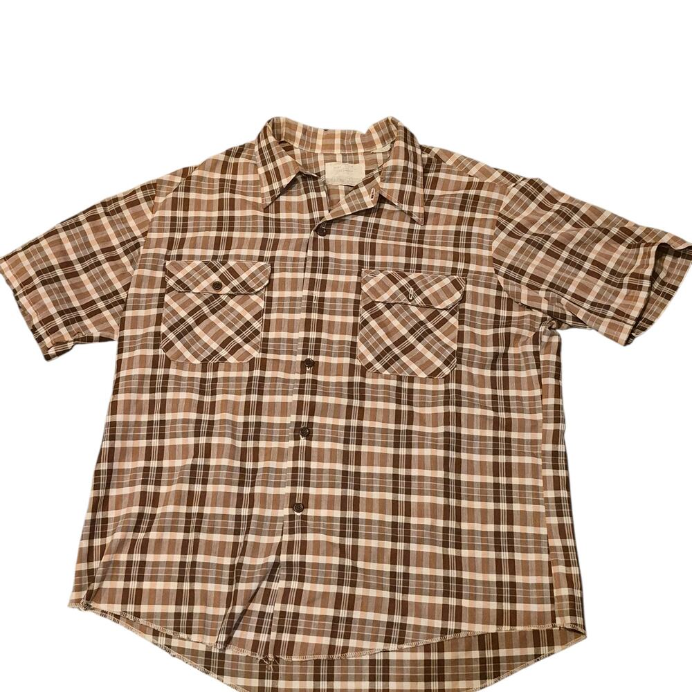 Vintage 70s Sears Work Shirt XL Brown Perma Prest USA Short Sleeve Workwear
